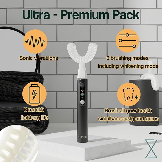 Y-Brush Ultra - Sonic Toothbrush Multiple Modes - 6-Month Battery, Advanced Plaque Removal, Whitening Technology (Ultra - Black, Adult (12-99 yo))