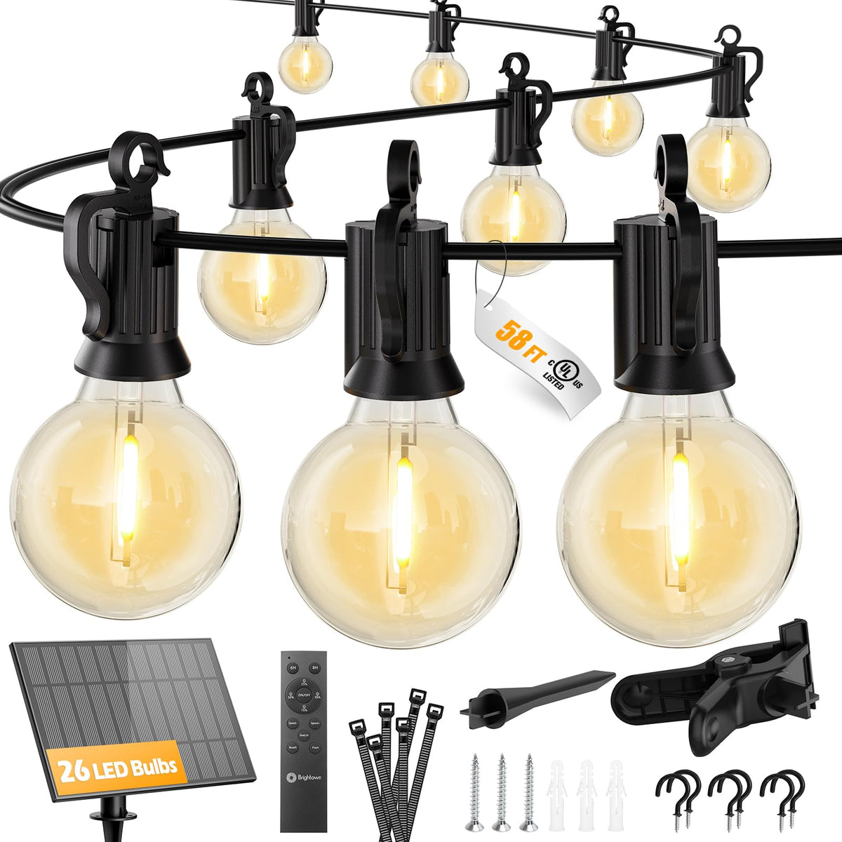 Brightown 58FT 26LED Solar String Lights Outdoor with Remote & USB Port, Shatterproof Bulbs, Dimmable & Timable, 3 Modes, Patio Lights Solar Powered with Mount Clips for Camping Backyard Garden Decor