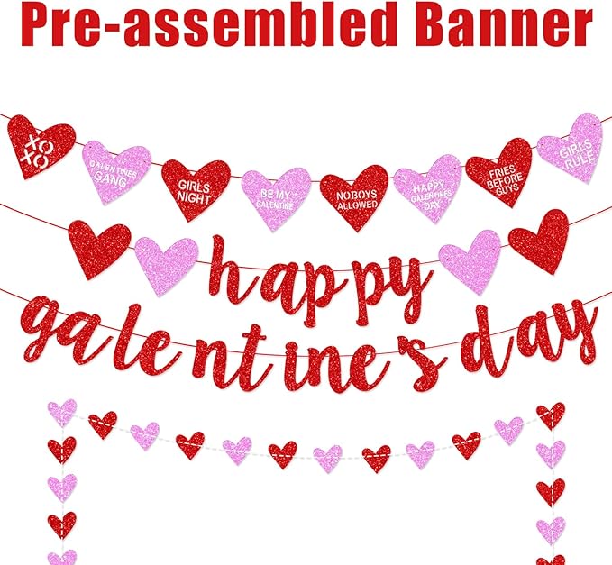 Deneo Happy Galentine's Day Banner, Red Glittery Galentine’s Day Decorations with Heart Garland Banner, Ladies Girls Happy Valentine’s Day Party Decorations Photo Prop
