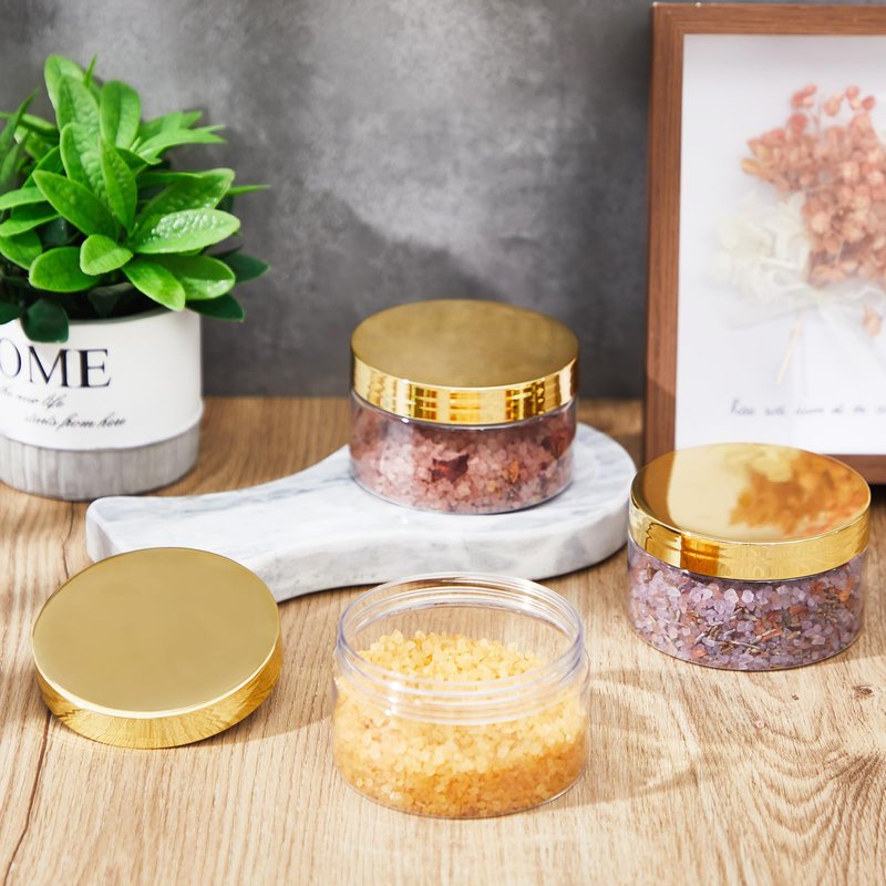 Dandat 24 Pcs 8 oz Plastic Jar Container with Gold Lid and Label Refillable Empty Round Clear PET Cosmetic Sample Slime Containers for Lotion, Cream, Ointments, Body Butter, Makeup Travel Storage