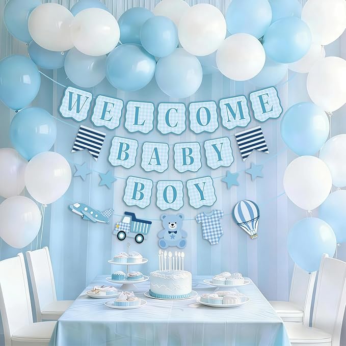 Baby Boy Baby Shower Banner, 4 PCS Pre-strung Blue Gingham Welcome Baby and Body Cloth Banner for Baby Boy Shower Party Decoration (welcome baby boy)