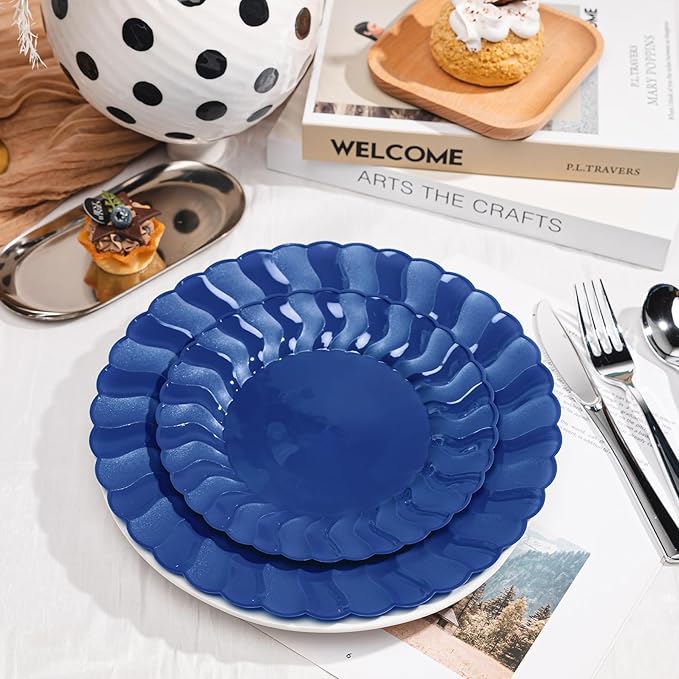 Lullaby 60PCS Navy Blue Scalloped Plastic Plates, Disposable Elegant Party Plates Include 30pcs Dinner Plate 10.25", 30pcs Plastic Dessert Plate 7.5", Perfect for Wedding and Party