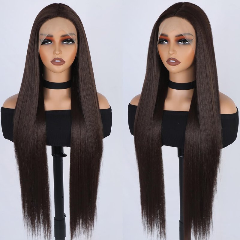 Missyvan Lace Front Wig Straight Hair Brown Color Long Wigs Glueless Heat Resistant Fiber Hair Dark Brown Synthetic Lace Front Wigs for Fashion Women