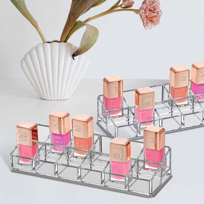 Amazing Abby - Glamour - 2-Pack 12-Slot Acrylic Nail Polish Organizer, Lipstick Holder, Lip Gloss Organizer, Cosmetic Storage Display, Perfect Storage Solution for Drawer, Vanity, Bathroom, and More