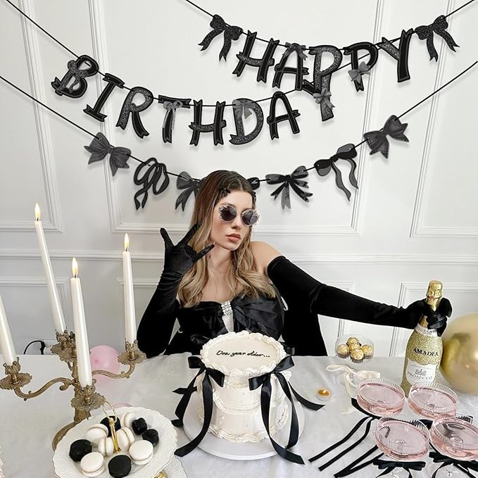 Pre-strung Black Bow Birthday Decorations, Black Coquette Party Decorations, Bow Party Supplies Include Happy Birthday Banner, Bow Garland Banner for Girls