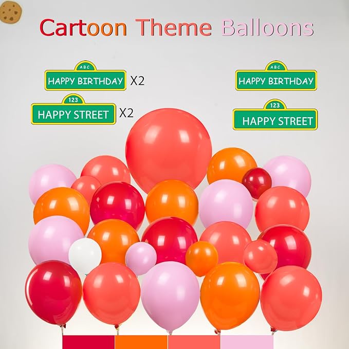 Sesame Friends Birthday Party decorations Cartoon Theme primary color Balloon Garland Kit Red Orange Pink White Latex Balloon Arch With background For kid birthday supplies Back to School decorations