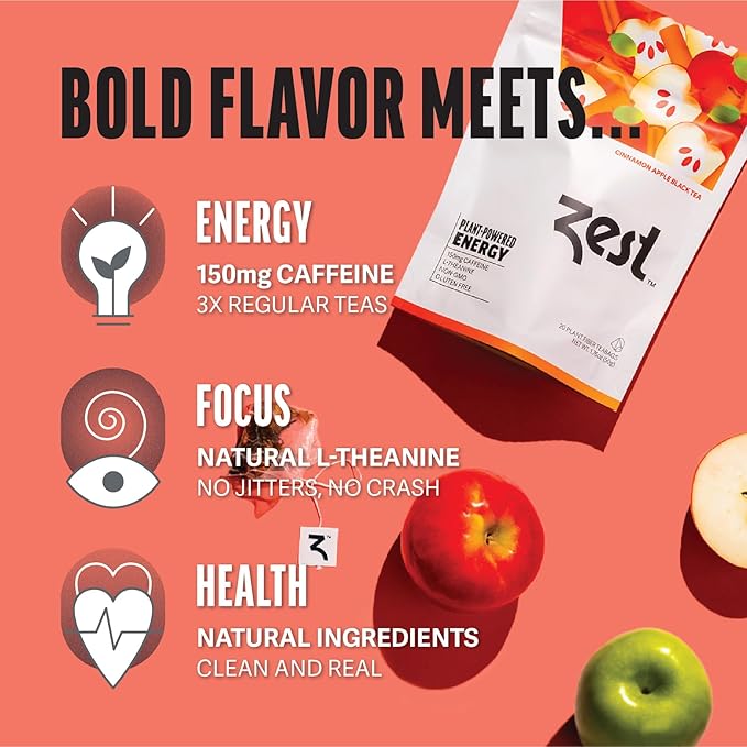 Zest Cinnamon Apple Spice Energy Tea – High Caffeine Black Tea Bags for Focus, Clarity & Morning Energy – Natural Non-GMO Caffeinated Breakfast Tea – Cozy Fall Focus Tea with 150mg Caf – 20Ct Pack