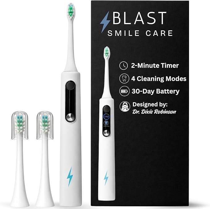 Blast Smile Care Electric Toothbrush with Tynex Bristles - Rechargeable Toothbrush with 30-Second Reminder & 2-Minute Smart Timer - IPX7 Waterproof Sonic Tooth Brush Includes 2 Tooth Brush Heads