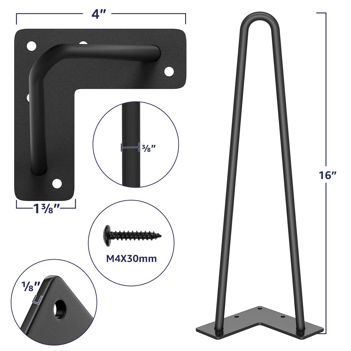 SMARTSTANDARD 16" Hairpin Furniture Legs, Metal Home DIY Projects for Nightstand, Coffee Table, Desk, etc with Rubber Floor Protectors Black 4PCS