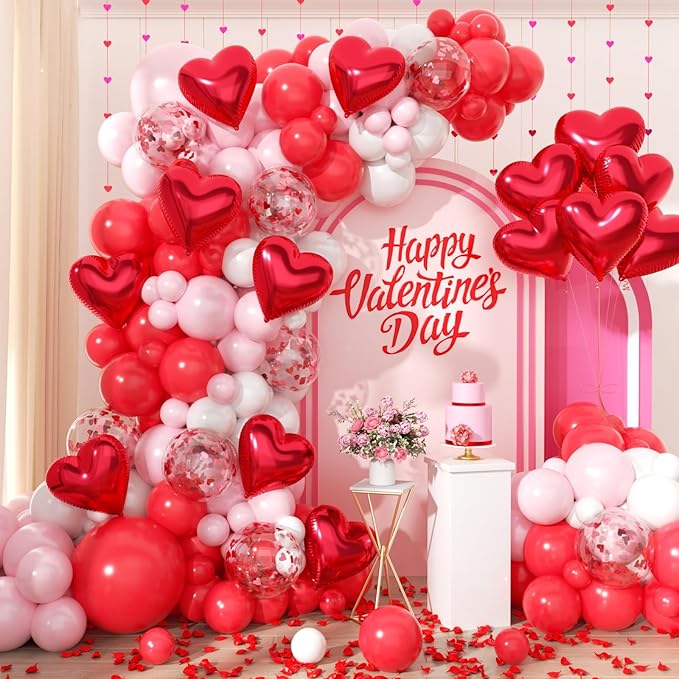 153pcs Valentines Day Balloons Garland Arch Kit, Red Pink White Confetti Heart Balloons Red Heart Foil Balloons Arch for Galentine's Day Wedding Anniversary Engagement Party Decorations