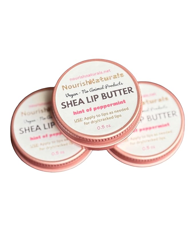 Shea Lip Butter - All Natural 4 Ingredient Lip Balm - Pack of 3 - for dry cracked lips, travel sized, ultra moisturizing vegan lip balm, for long lasting hydration, natural Peppermint scent