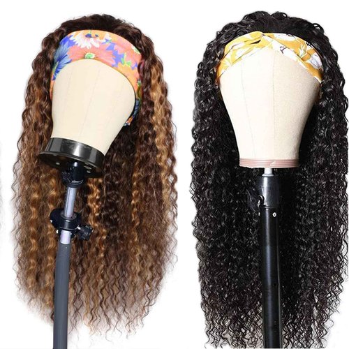 Punmasa Headband Wig Deep Wave 12 Inches 100% Human Hair Headband wigs for women Glueless None Lace Front Wig Machine Made 150% Density headband wig human hair Natural Black and Ombre 4/27