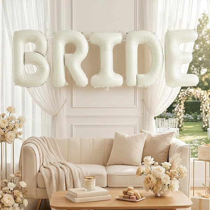 Biapian 40 Inch BRIDE Letter Balloons, Big Cream BRIDE Foil Balloons, 5 Pcs Giant Foil Large Aluminum Balloon Helium for Wedding Bridal Shower Anniversary Engagement Bachelorette Party Decoration