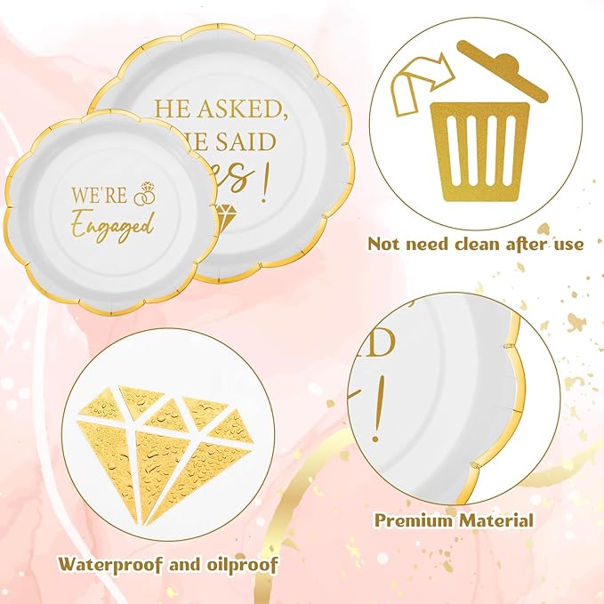 Yungyan 50 Pack Engagement Paper Plates White and Gold Engagement Party Decorations 7" 9" Gilded Edge He Asked She Said Yes We're Engaged Plates for Wedding Birthday Party Bridal Shower Supplies