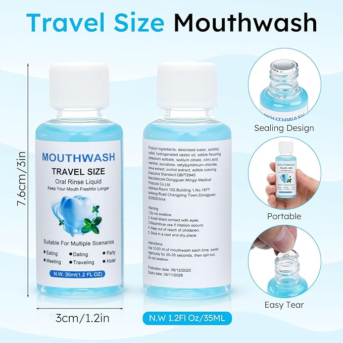 Travel Mouthwash Bulk, 1.2 Oz/35ml Mini Mouthwash Bulk, for Freshening Breath, Easy to Carry, Suitable for Work, Travel, Hotels, Dating Essentials (60-Pack)