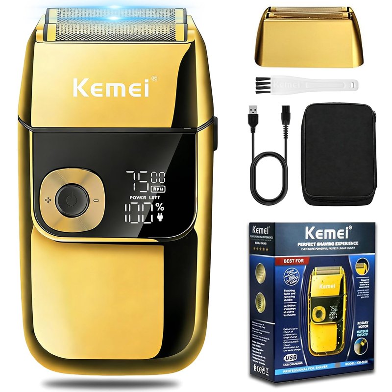 KEMEI Electric Razors for Men, LCD Display Cordless Men's Razors, USB Rechargeable with Pop-up Beard Trimmer Best Worldwide Travel Gift, Model KM 2028, Gold
