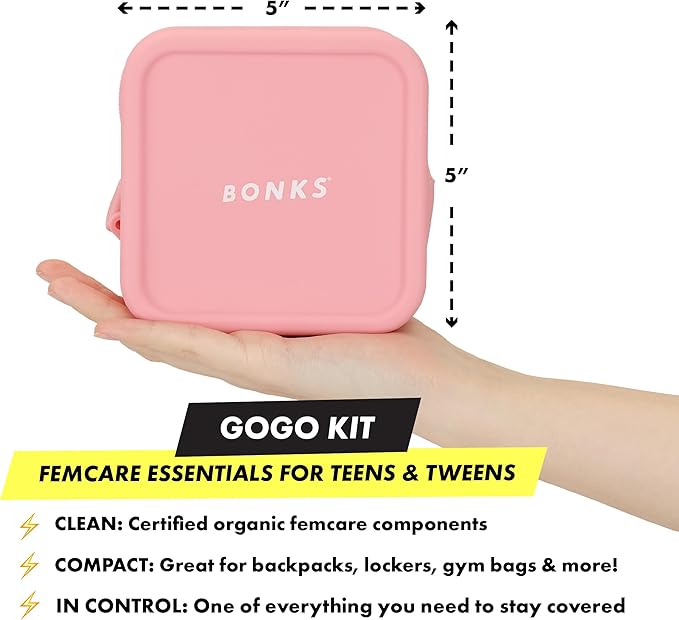 BONKS GoGo Kit - First Period Kit - Tween Period Starter Kit - Emergency Kit for Girls - Essential Hygiene Kit - Includes Pads, Tampons, Underwear & More - S/M (12-14)