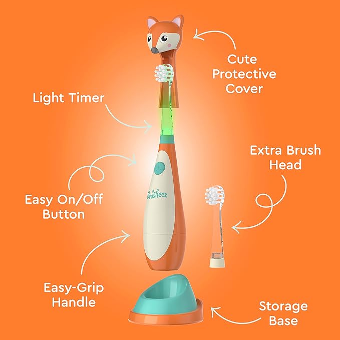 Brusheez Little Toddlers’ Sonic Toothbrush - Safe & Gentle Toothbrush for Ages 1-3 with Built-in, Light-Up 2-Minute Timer, Extra Brush Head, & Storage Base for First-Time Brushers (Fuzzy The Fox)