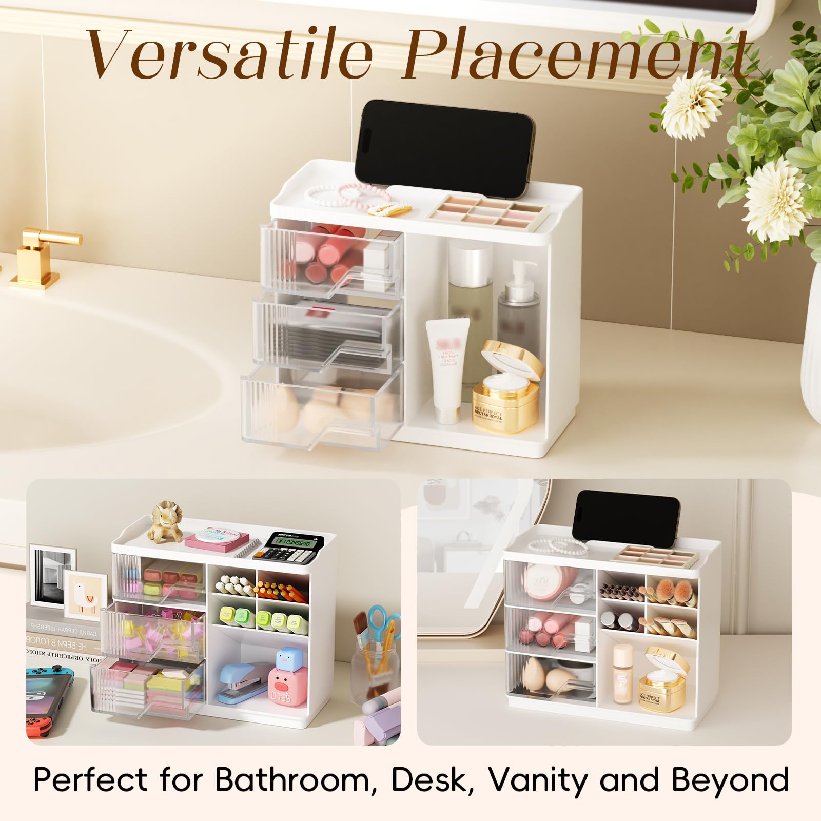 Small Makeup Organizer with Drawers, Stackable Bathroom Couneter Organizer with Phone Holder, Versatile Vanity Organizer Countertop, Cosmetic Organizer for Makeup Brush, Skin Care, Lotion -White,1Pack