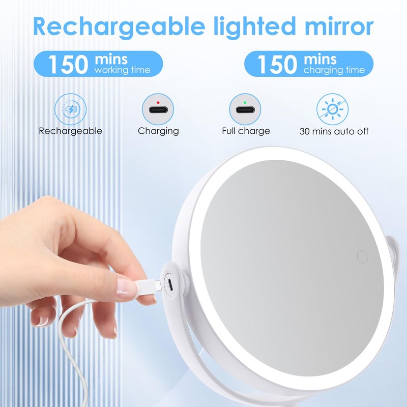 LUKYMIRO 1X 10x Magnifying Mirror with Lights, Double Sided 8" Lighted Makeup Mirror, Rechargeable, 360 Degree Rotation, White Plastic Frame, 8.6" L x 8.6" W x 13.8" H, Modern, Bathroom, Beauty, Home