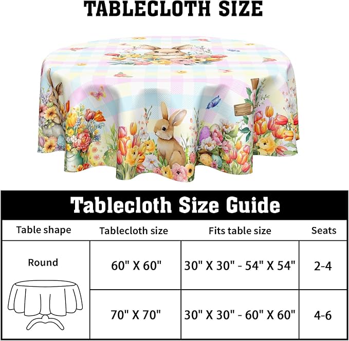 Easter Rabbit Round Tablecloth Pink Blue Pliad Circle Table Cloth 60 Inch Farmhouse Floral Table Cover Washable Polyester Indoor Decorations for Home Kitchen Dinning Party