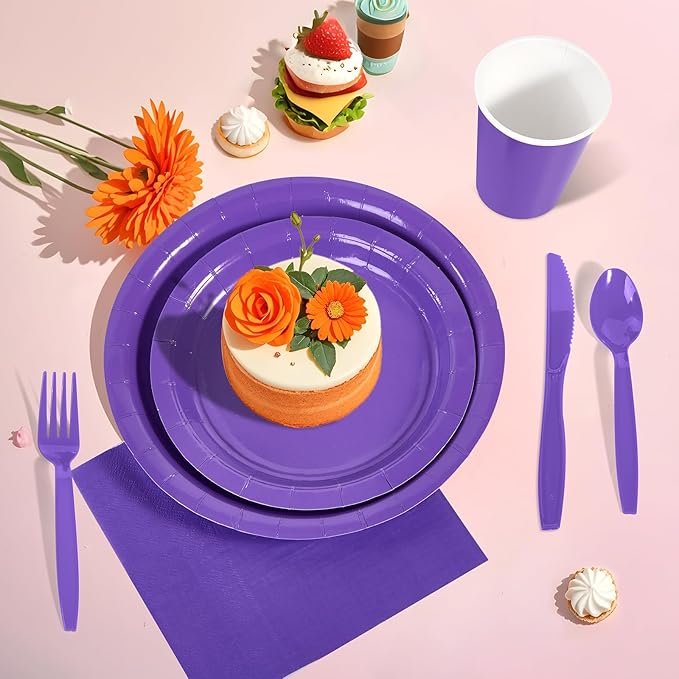 Ottin 169PCS Purple Christmas Party Supplies for 24 Guests – Disposable Paper Plates, Napkins, Cups, Forks, Knives, Spoons & Tablecloth for Birthday, Wedding, Thanksgiving, Christmas, and New Year