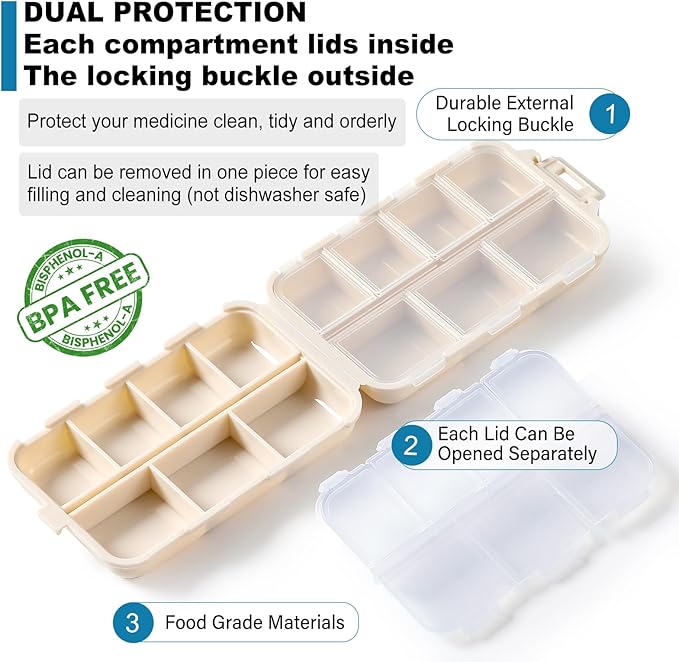 14 GRIDS Travel Pill Organizer Box with Labels - Travel Medicine Case Kit - Pocket Daily Pharmacy Container - Travel Medication Holder Dispenser for Fish Oil Vitamin Supplement Storage - Khaki