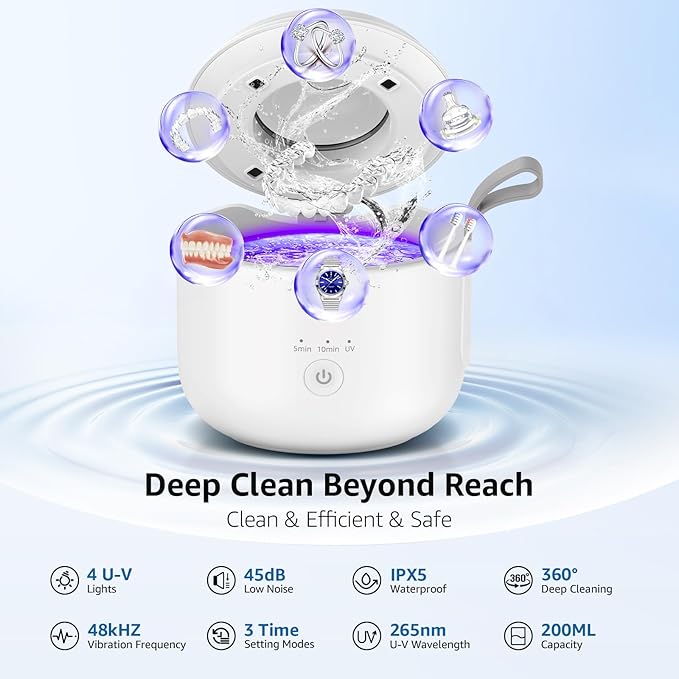 Ultrasonic Retainer Cleaner Machine: 48kHz Rechargeable Cordless Denture Cleaner - Waterproof Ultrasonic Jewelry Cleaner - 200ML Dental Cleaning Pod for Mouth Guard, Aligner, White