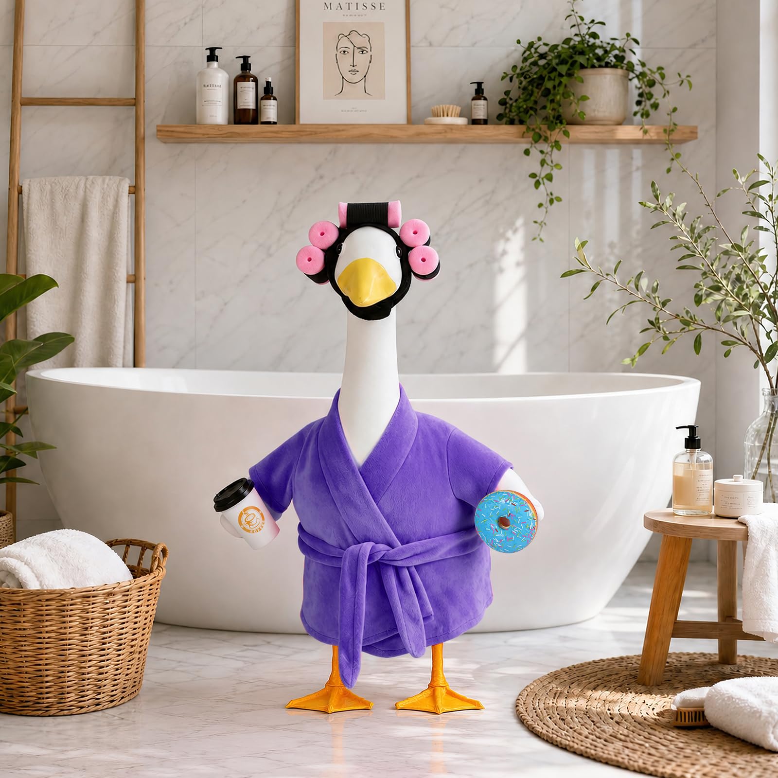Porch Goose Outfits, Bathrobe Goose Outfit with Curlers Sunglasses Coffee Cup Donut, Hawaiian Beach Vacation Style Goose Clothes for 23'' Goose Statue, Lawn Yard Garden Patio Pool Party Decor (Purple)
