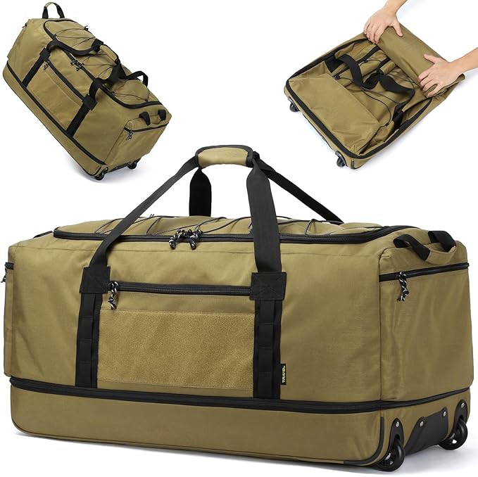 Laripwit Collapsible Duffle Bag with Wheels 130-170L Extra Large Expandable Travel Duffel Bag for Men Women Heavy Duty Military Duffle Bag for Camping Rolling Foldable Carry On Luggage, Brown