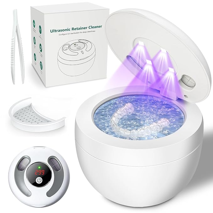 Dental Ultrasonic Retainer Cleaner Machine 45kHz, UV Denture Cleaner with 4 Modes Digital Timer, Portable 200ML UltraSonic Cleaning Pod for Night Mouth Guard, Aligner, Braces, Jewelry and More-White