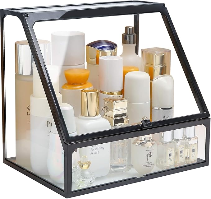 MOOCHI Black Vintage Glass Cosmetic Makeup Organizer 3 Drawers Set Dust Waterproof Cosmetics Storage Display Case Countertop for Brushes Lipsticks Jewelry