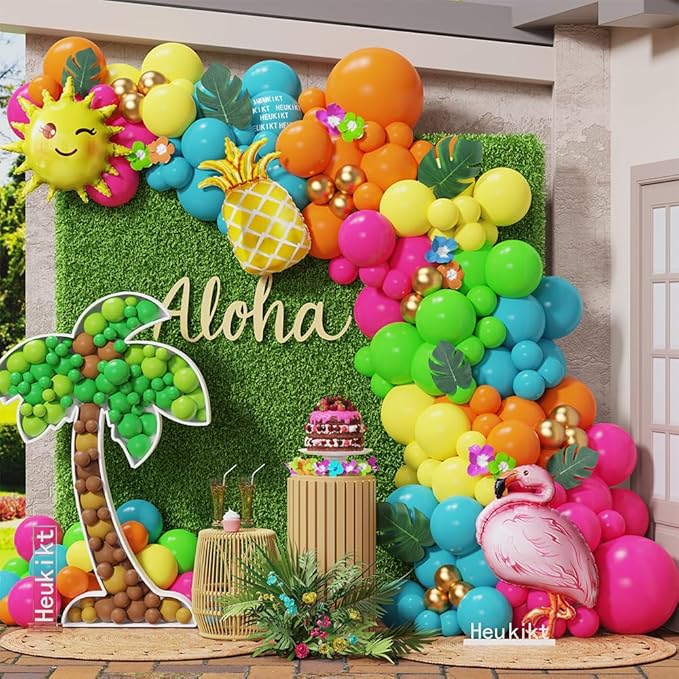 Tropical Hawaiian Party Decorations 155Pcs Luau Balloon Garland Arch Kit, Hot Pink Orange Yellow Pineapple Flamingo Balloons for Tropical Summer Beach Pool Birthday Coconut Party Supplies
