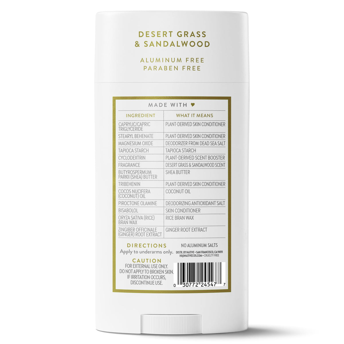 Native Aluminum Free Deodorant, Desert Grass & Sandalwood, Large Size Stick, 72 Hour Odor Control, for Women & Men, Contains Naturally Derived Ingredients, 3.1 oz