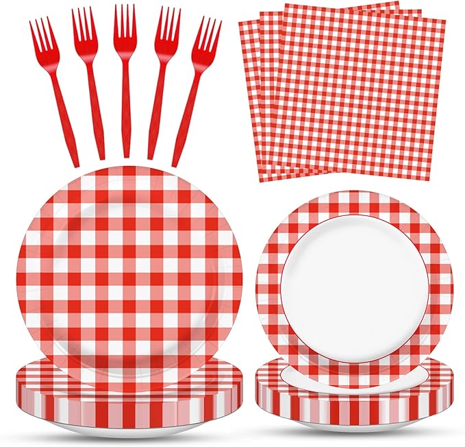 100 Pcs Red White Gingham Party Supplies Set, Serves 25 – Disposable Checkered Paper Plates, Napkins, and Forks, Classic Picnic Themed Tableware for BBQ, Outdoor, Birthday, Holiday Party Decorations