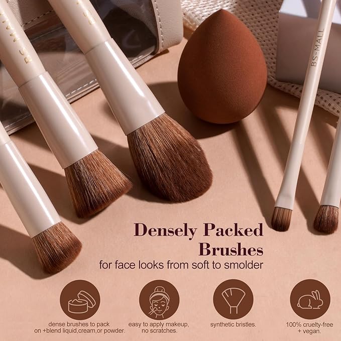 BS-MALL 14 Pcs Makeup Brushes Set with 1 Pcs Makeup Sponge – Essential Foundation Powder Concealers, Eye Shadows, Blush Makeup Brushes with Travel Makeup Case (Beige)