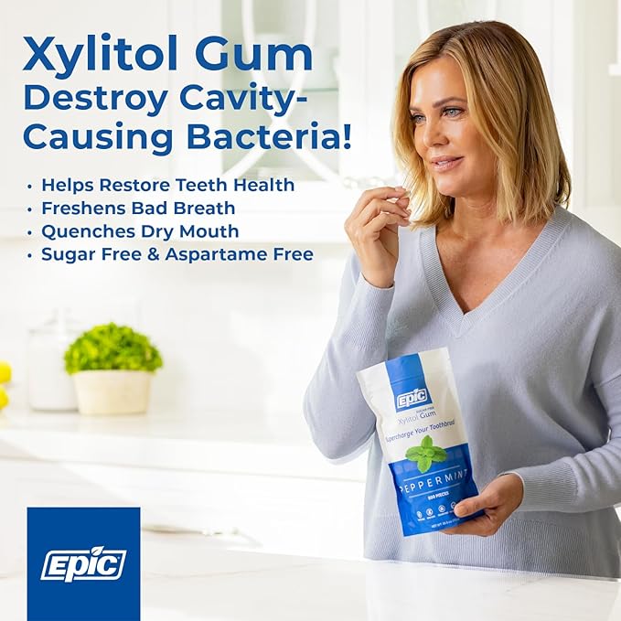 Epic 100% Xylitol Wintergreen Chewing Gum - Sugar Free, Aspartame Free Dental Gum - Supports Oral Health & Fresh Breath - 50 Pieces (Pack of 3)
