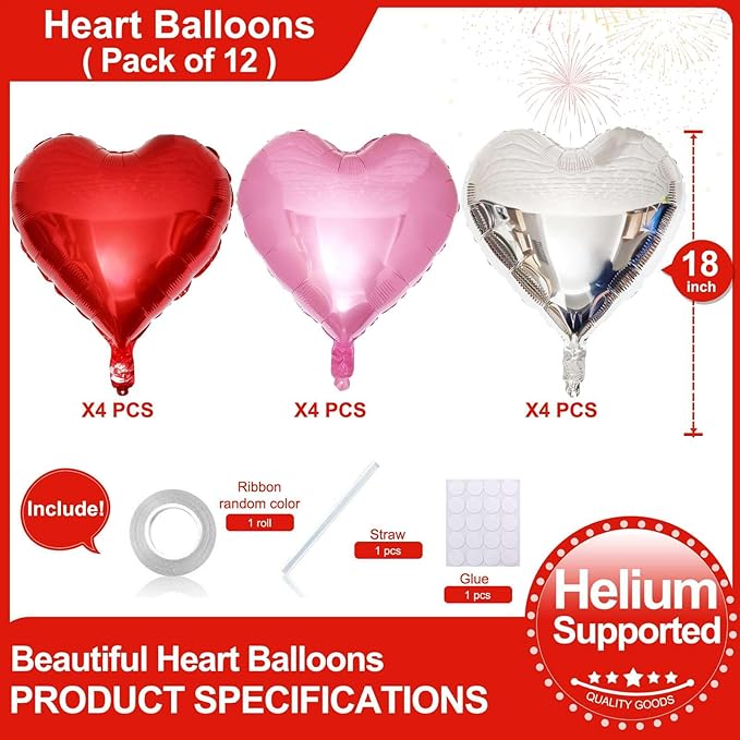 Lovoir 12 Pcs Red Heart Shape Foil Mylar Balloons 18 Inch Love Balloons for Valentine's Day Birthday Party Decorations Wedding Engagement Romantic Decor (Pearl Pink & Red & Silver)