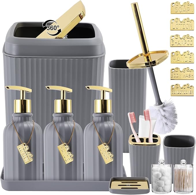17PCS Bathroom Accessory Set Bathroom Set Grey Bathroom Accessories,Toilet Brush,Trash Can, Qtip Holder Dispenser& 3PCS Soap Dispenser