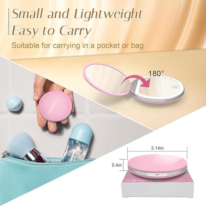 Compact Mirror with Light, 1X/3X Magnification LED Pocket Mirror with USB Data Cable,Mini Mirror for Purse, Pocket,Travel and Present (Pink)