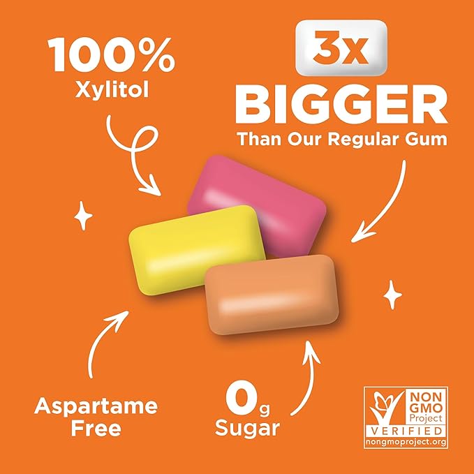 PUR Jumbo Gum | Aspartame Free Chewing Gum | 100% Xylitol | Natural Strawberry, Banana, Orange Flavor, 20 Pieces (Pack of 3)