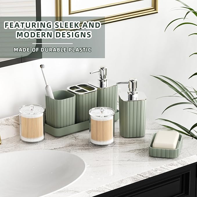 26PC Bathroom Accessories Set - Gorgeous Bathroom Set, Sage Green Bathroom Accessory Set, Shower Curtain Set with Bathtub Mats for Shower Tub, Trash Can & Soap Dispenser