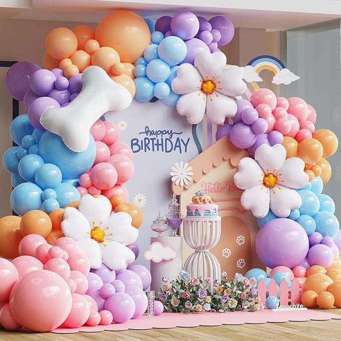 Blue Balloon Garland Arch Kit with Bone & Daisy Flower Foil Balloons,151 Pcs Pastel Pink Blue Purple Blush Balloons for Dog Paw Birthday Decorations Blue Puppy Themed Baby Shower Party Supplies