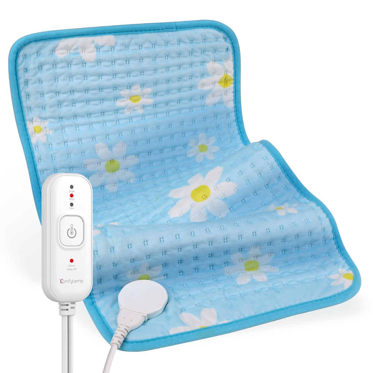 Comfytemp Extra Large Heating Pad for Back & Period, 33''x 17'' King Size Heat Pad Soft and Stylish, FSA Eligible, HSA Approve Electric XL Shoulder/Neck/Knee Heated Pad, Washable (Blue & Daisy Print)