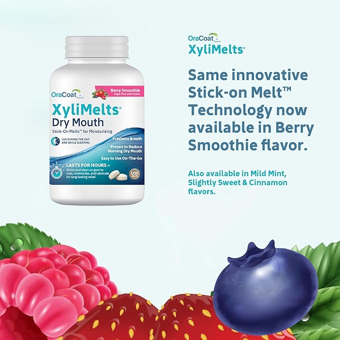 Oracoat XyliMelts for Dry Mouth Night Time or Day - Moisturizing Dry Mouth Adhering Discs, Sugar Free with Xylitol, 100 Count, Berry Smoothie Flavor, 8-Hour Relief