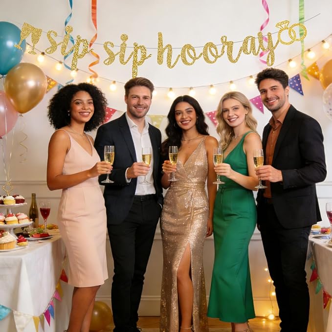 Pre-Strung Sip Sip Hooray Gold Glitter Banner - Bachelorette Wedding Bridal Shower Birthday Party Decor