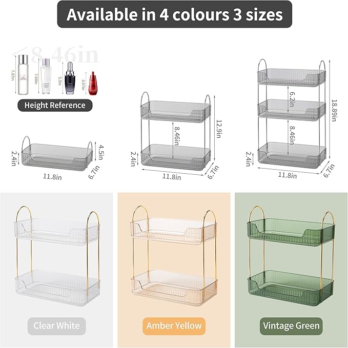 YCIA&DONE Bathroom Organizer Countertop, Makeup Storage, Skincare Cosmetic Tray Shelf, Perfume Holder Rack for Vanity Counter, Large Capacity, Easy to Install, Clean, 2 Tiers, Smoky Gray