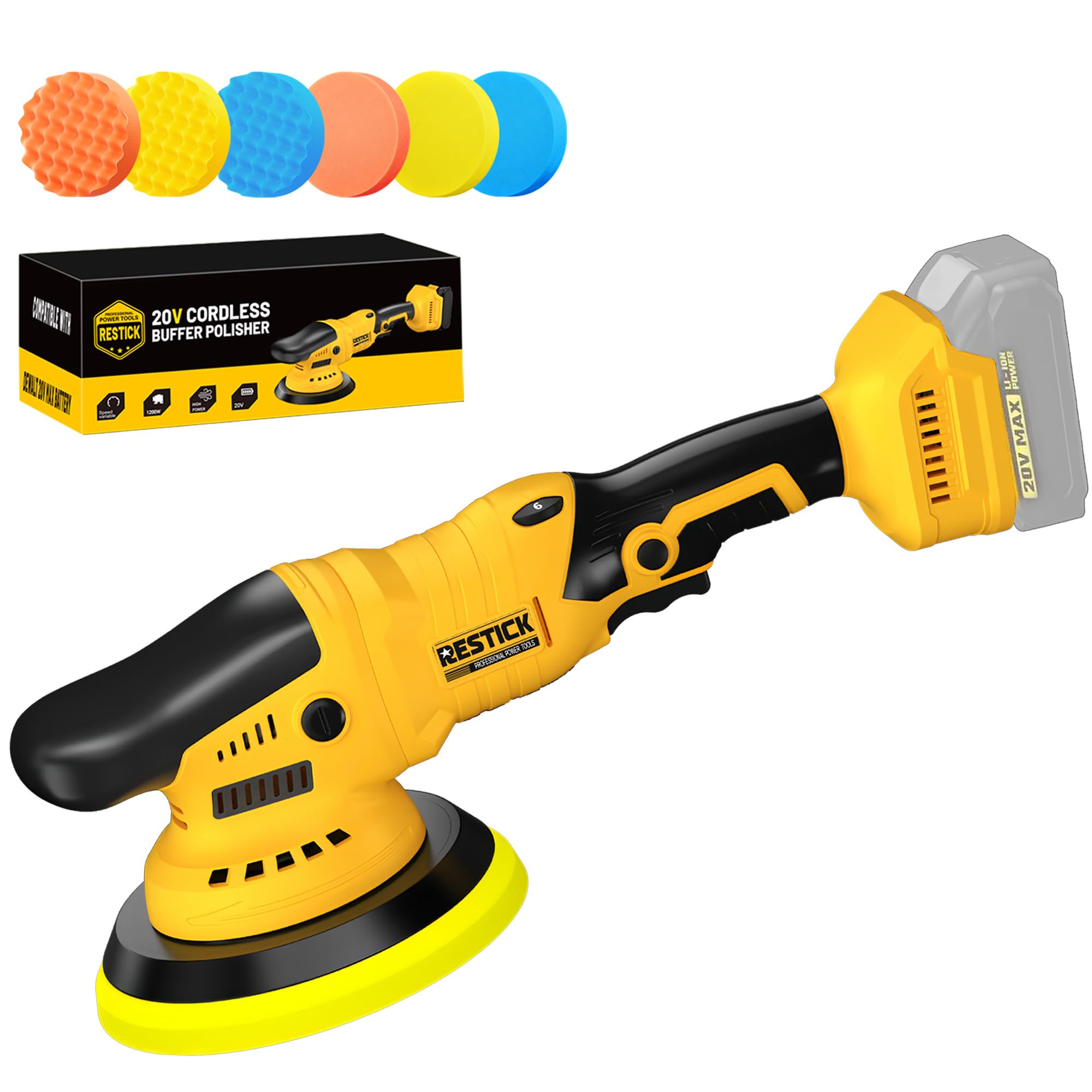 Brushless Cordless Buffer Polisher Compatible with Dewalt 20V Battery(Tool Only) - 15mm Dual Action | 10000RPM High Power | 6-Sp