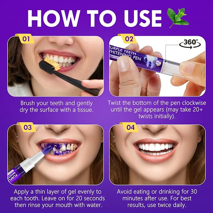 Purple Teeth Whitening Pen, 6PCS Teeth Whitening Gel Essence, Gentle Formula, No Sensitivity Snow Teeth Whitener Gel Kit for a Brighter Smile