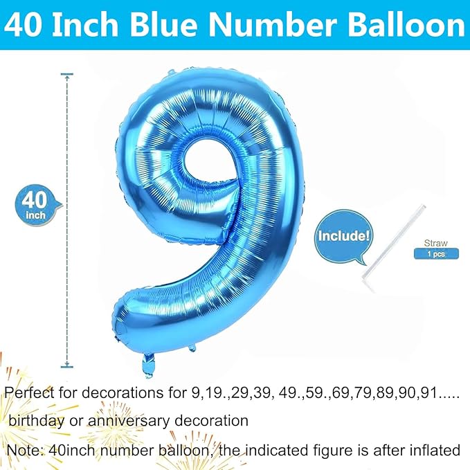 40 inch Blue Number Balloon Giant Foil Helium Balloons Blue Number 9 Balloon for 9th Birthday Party Decorations